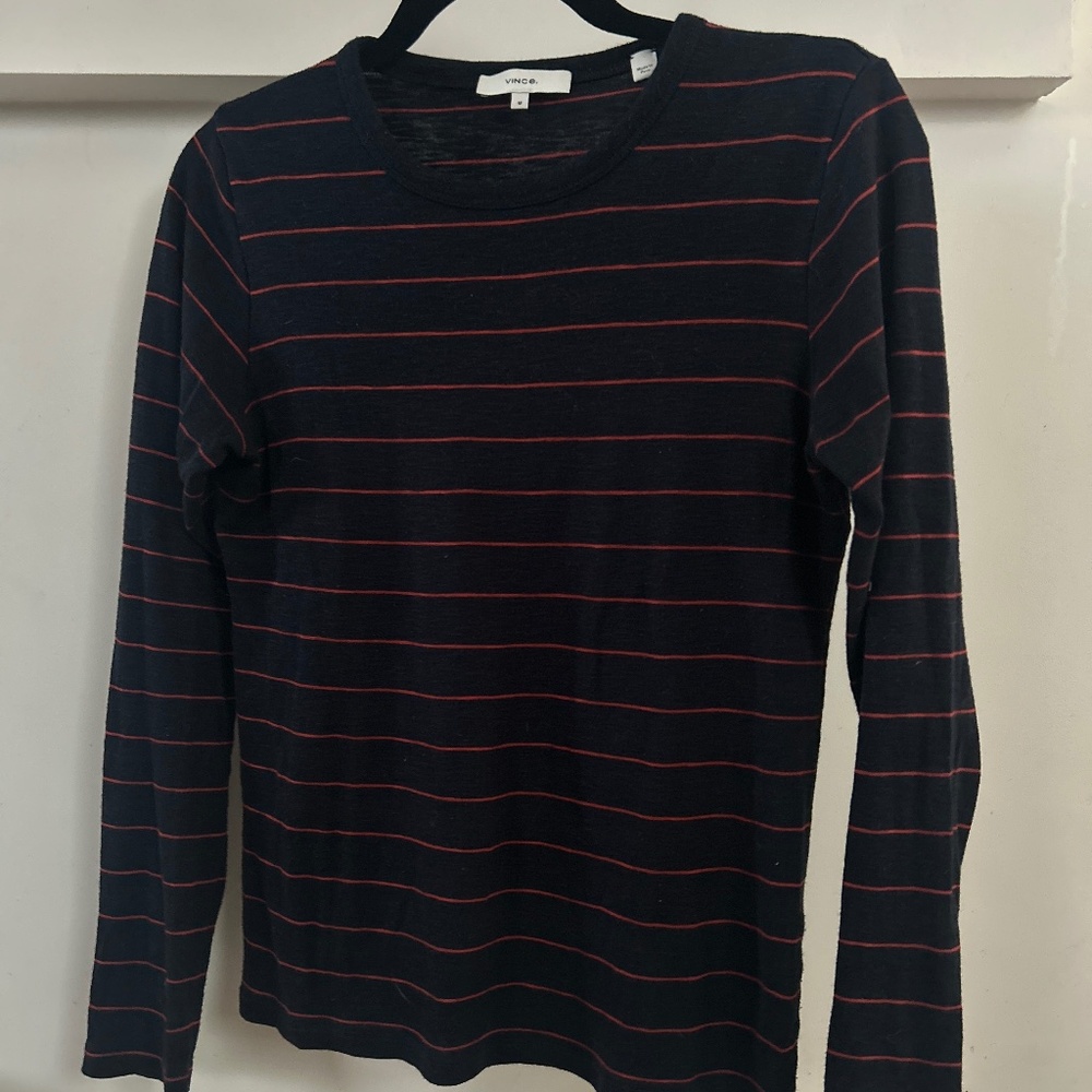 Vince Striped Navy Blue / Maroon Crewneck Long Sleeve Tee